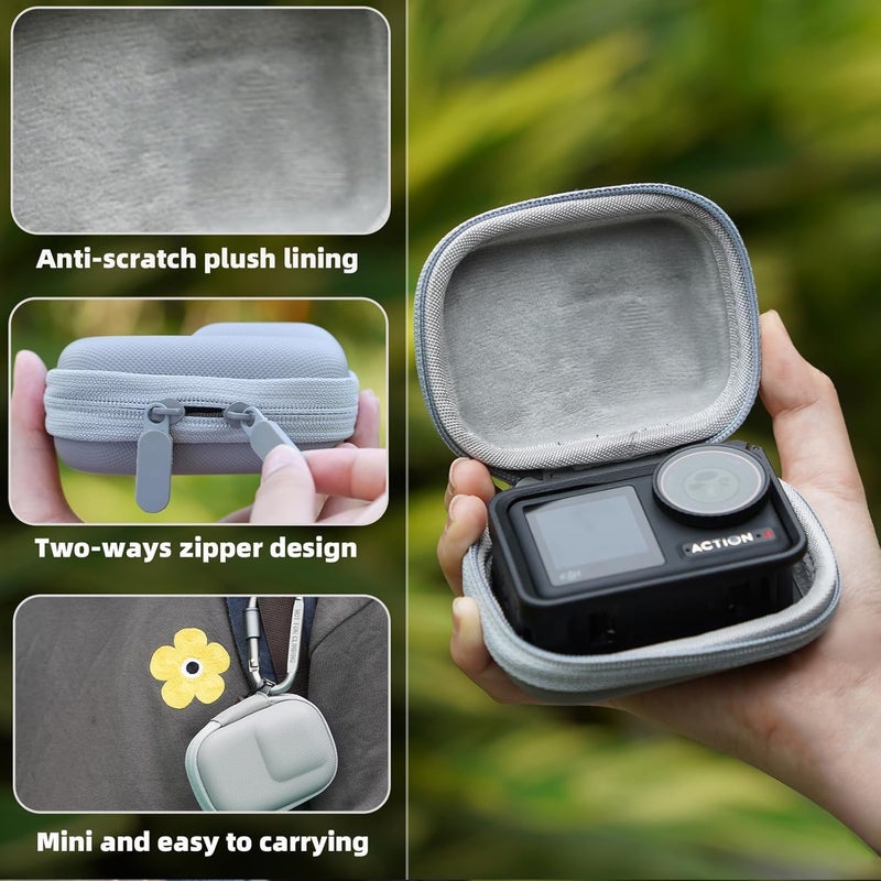 Flymile Carrying Case for DJI Osmo Action 5 Pro/4/3, Small Storage Bag for GoPro, PU Hard Travel Protector Case for Insta360 Ace/Ace Pro/2 with Wrist Strap & Carabiner Protective Accessories(Grey) - Image 3